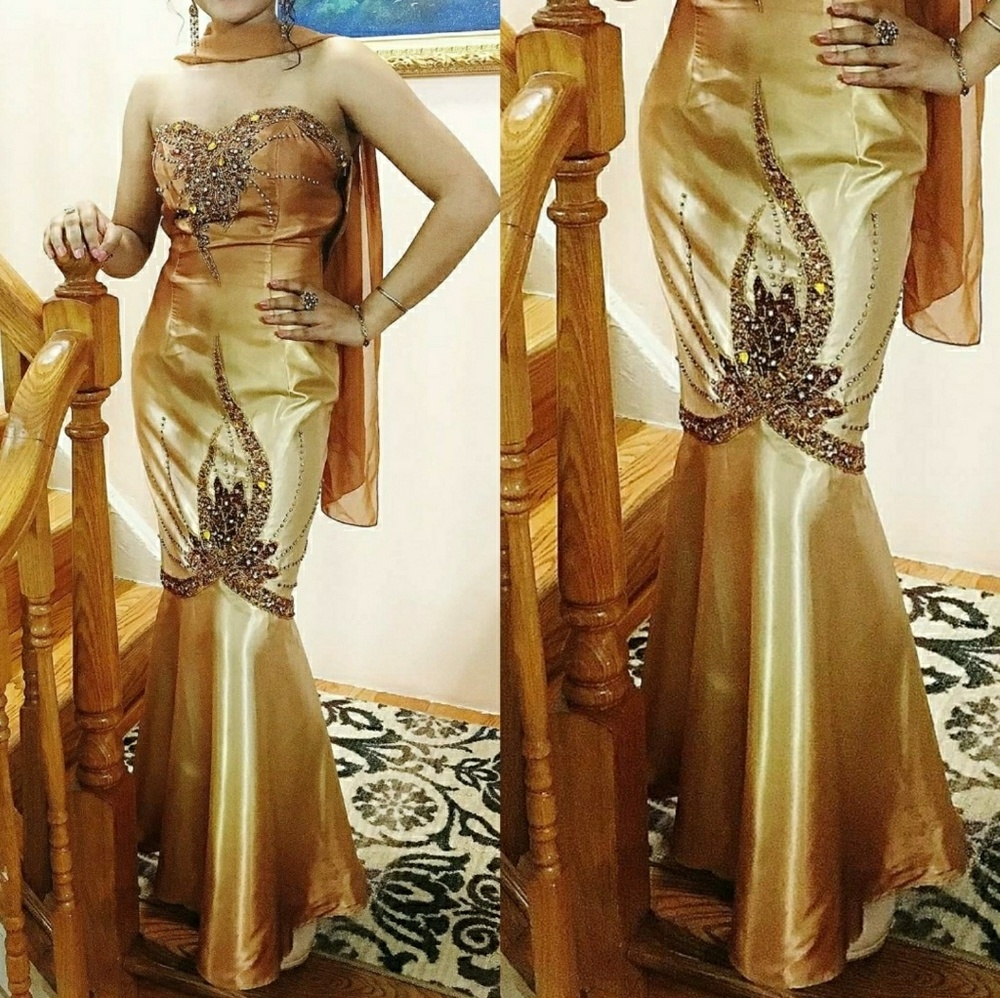 Strapless Gold Bronze Stones Embellished Gown